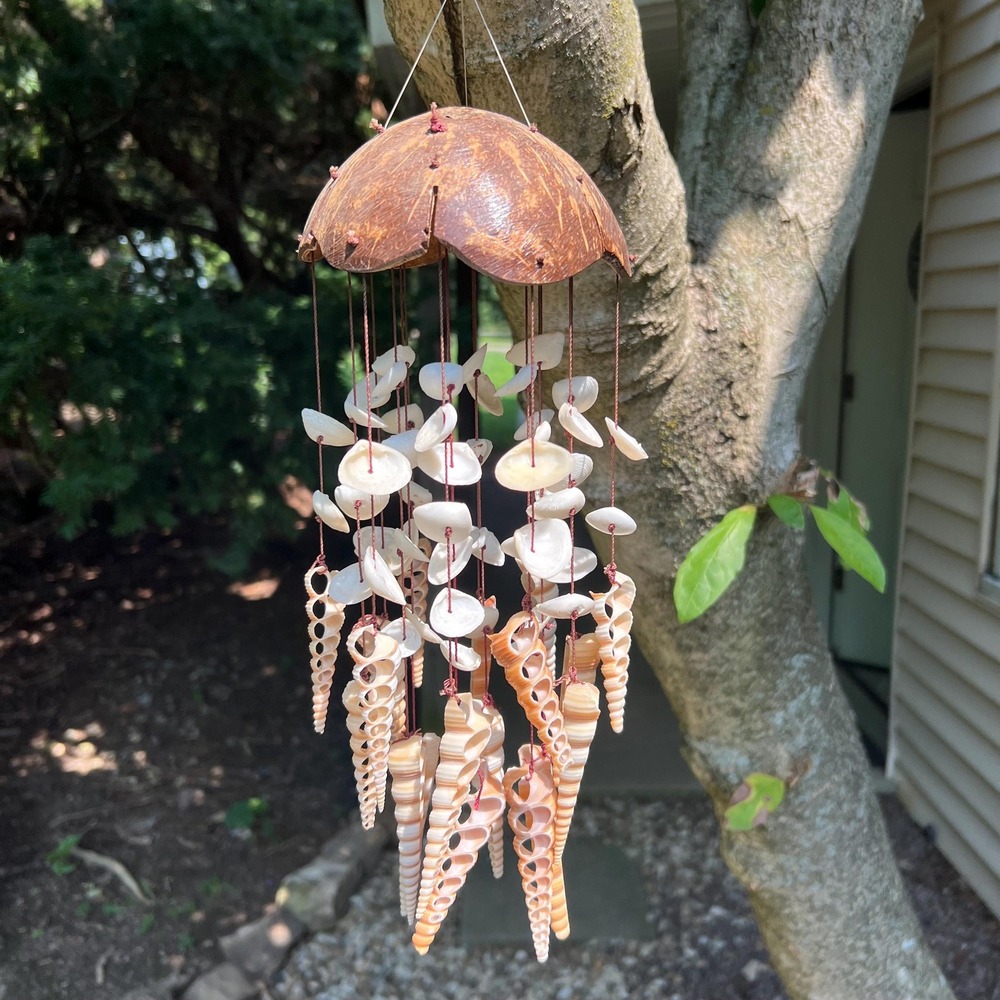 Small Vintage Seashell Wind Chime Mobile with Coconut Top